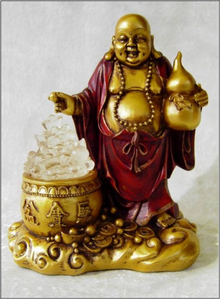 Glücks-Buddha m. beleuchteten Goldkübel